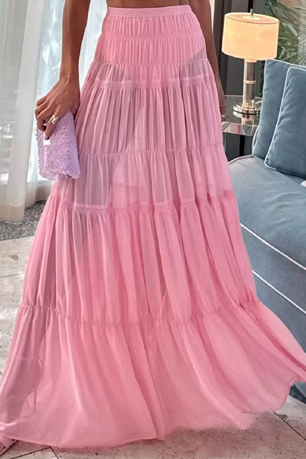 Stunning Chiffon Elastic Waist Layered A-line Maxi Skirt