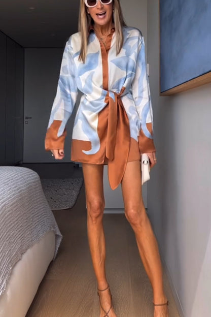 Lake Days Satin Colorblock Unique Print Tie-up Shirt Mini Dress