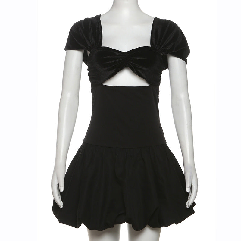 Spring Women Clothing Elegant High Grade Suede Short Sleeve Tube Top Hollow Out Cutout Bubble Splicin