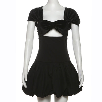 Spring Women Clothing Elegant High Grade Suede Short Sleeve Tube Top Hollow Out Cutout Bubble Splicin