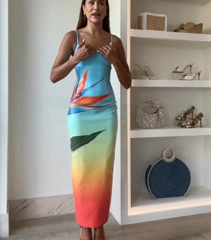 Dreamy Dreamy Sequin Unique Floral Gradient Print Slit Stretch Maxi Dress(Shipped within 24 hours)