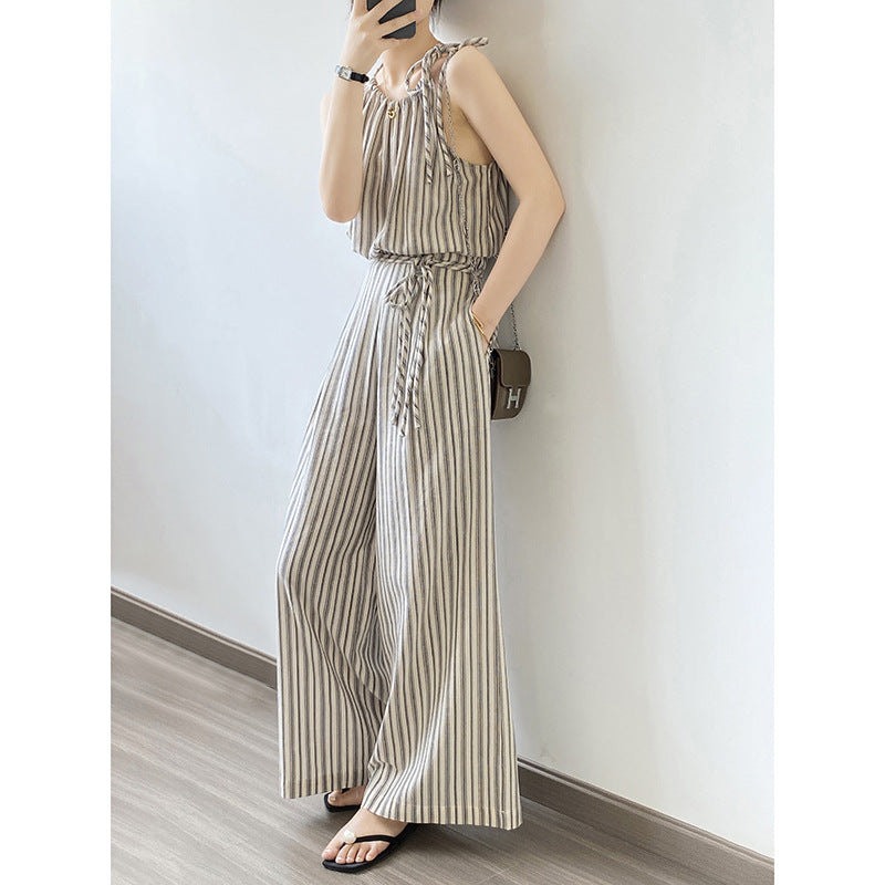 Retro Casual Striped Suit Women Summer Suspender Top Wide Leg Pants Two Piece Set