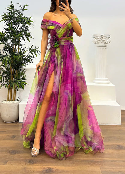 Fairy Flower Feather Pendant Elegant Fallen Fold Off Shoulder Party Split Design Long Dress