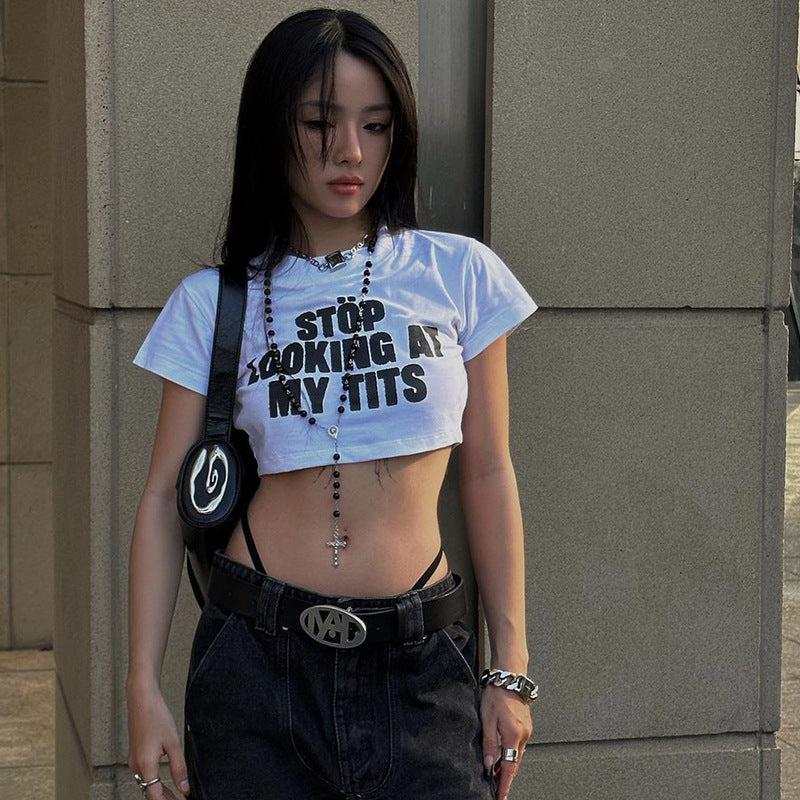 Autumn Sexy Cropped T shirt Casual Slim Fit All Match Letters Printed Minicoat Women Clothing