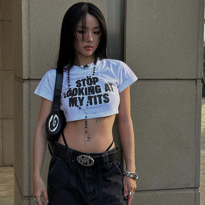 Autumn Sexy Cropped T shirt Casual Slim Fit All Match Letters Printed Minicoat Women Clothing