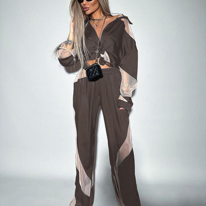Early Autumn Stitching See through sets Long Sleeve Shirt High Waist Trousers Graceful Satin Women Clothing