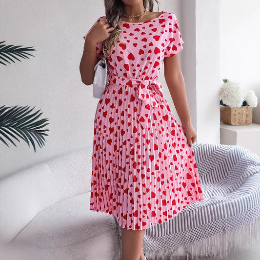 Valentine Day Gift Spring Summer Casual Contrast Color Love Heart Short Sleeve Waist Controlled Pleated Dress Women Clothing