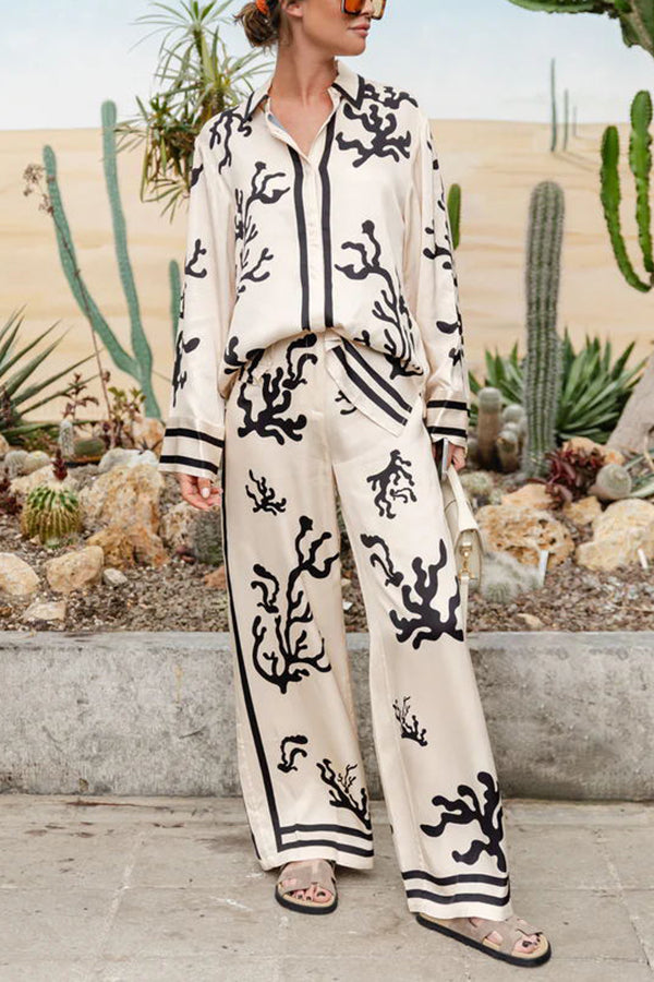 From Desk To Dinner Satin Unique Print Button Down Oversized Blouse