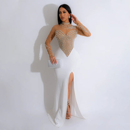 Round Neck Long Sleeve High Slit Rhinestone See through Dress Women Solid Color Party Evening Dress