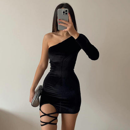 Solid Color Shoulder Strap Adult Lady like Woman Sexy Sheath Slim Fit Slimming Short Women Dress