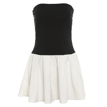 Spring Women Clothing off Neck Color Contrast Patchwork Pleated Slim Dress for Women