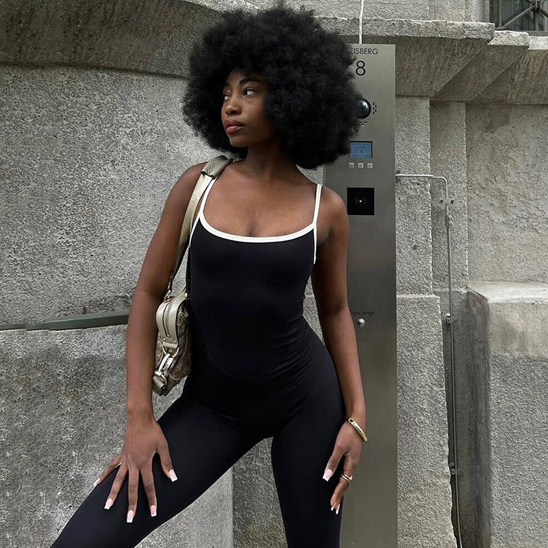Women Clothing Edge Adjustable Sling Jumpsuit Contrast Color Tight Sexy Yoga Sports One Piece Trousers