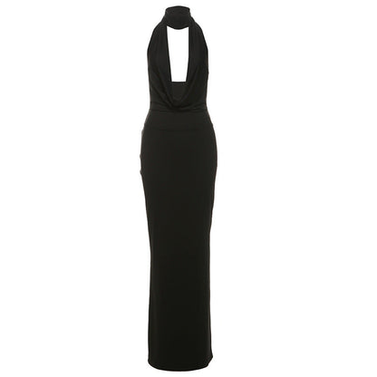 Women Clothing Autumn Winter Elegant Sexy Halter V neck Backless Side Slit Dress