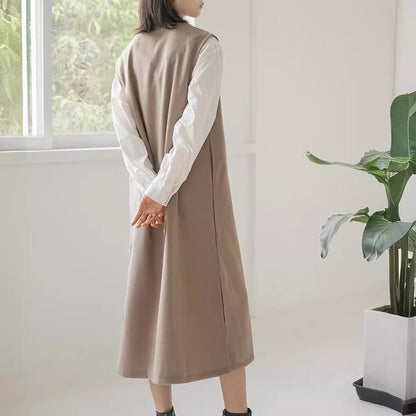 Real Shot Letian Autumn Winter 4 Color Woolen Coat Women V neck Solid Color Sleeveless Waistcoat Dress Outer Wear