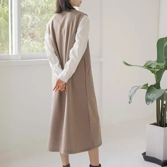 Real Shot Letian Autumn Winter 4 Color Woolen Coat Women V neck Solid Color Sleeveless Waistcoat Dress Outer Wear