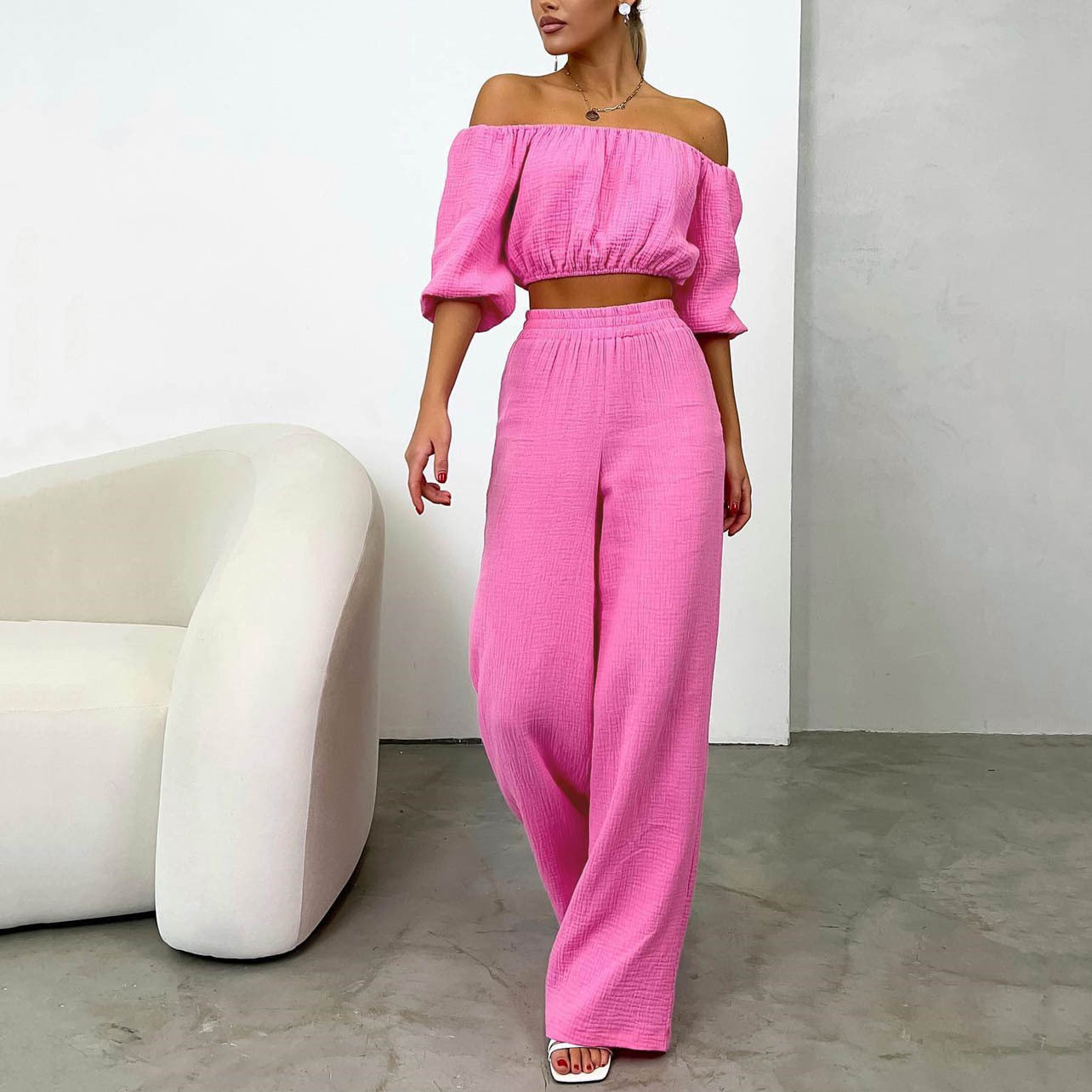 Two Piece Women Summer Pure Cotton Champray Solid Color off Neck Short Sleeved Top High Waist Wide Leg Pants Casual Suit