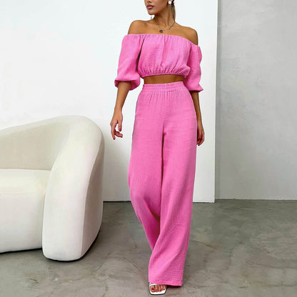Two Piece Women Summer Pure Cotton Champray Solid Color off Neck Short Sleeved Top High Waist Wide Leg Pants Casual Suit