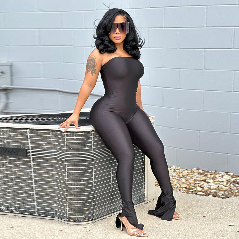 Women Clothing off Neck Stitching High Elastic Slit Slim Fitting Jumpsuit