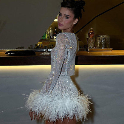 Fashionable Sequ Furry Skirt Set Women Sexy Nightclub Women round Neck Sexy Long Sleeve Short Dress