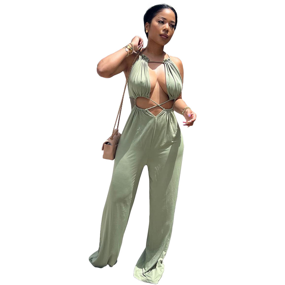 Sexy Irregular Asymmetric Lace up Wrapped Chest Loose Wide Leg Jumpsuit