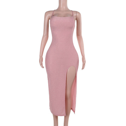 Autumn Sexy Socialite Sexy Slim Fit Camisole Gown Shiny Split Dress Women