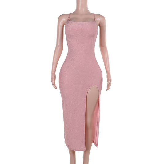 Autumn Sexy Socialite Sexy Slim Fit Camisole Gown Shiny Split Dress Women