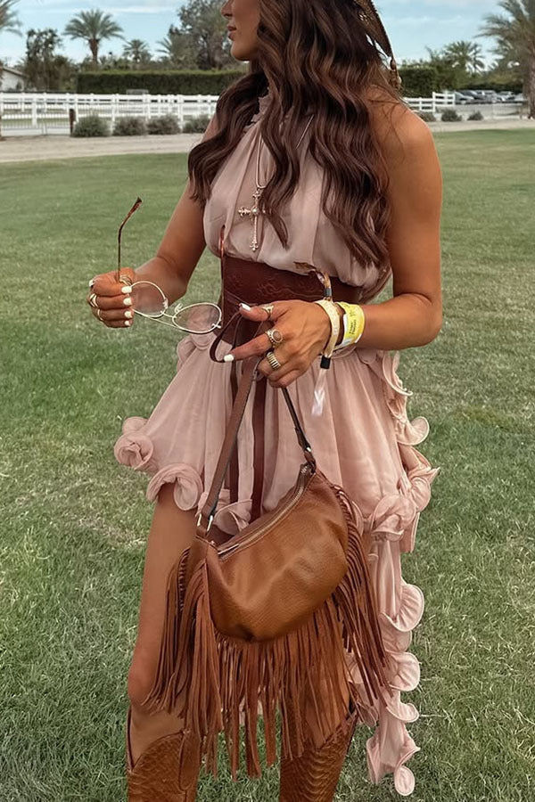 Romantic Drama Chiffon Wavy Ruffles Halter Irregular A-line Top