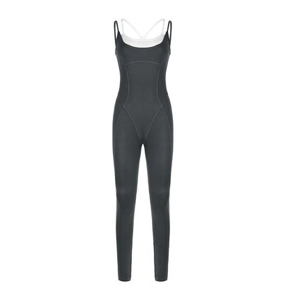 Sports Fashionable Women Clothing Faux Two Piece Split Fitness Yoga Straps Tight Jumpsuit Casual Trousers