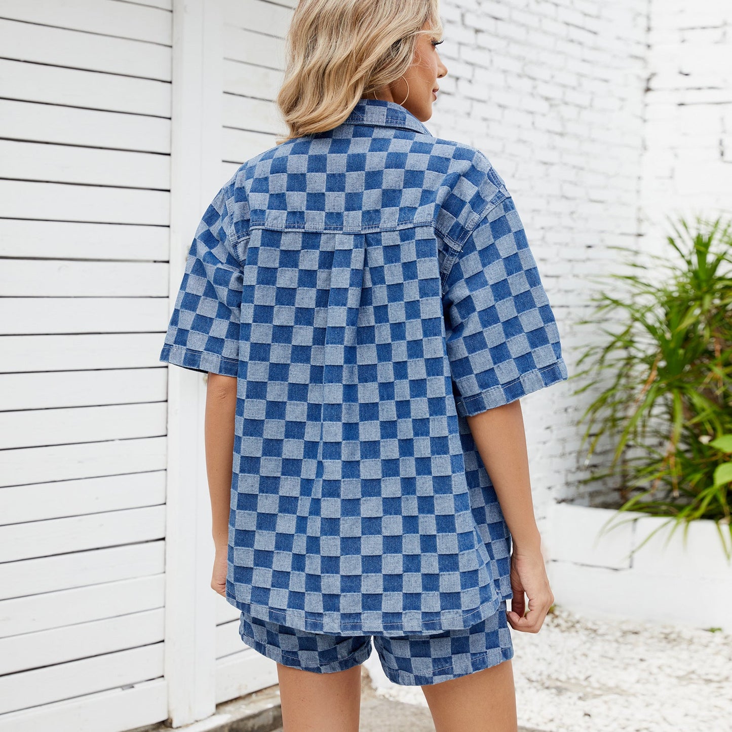 Women Summer Thin Washed Casual Loose Denim Plaid Shirt Short Sleeve Sets