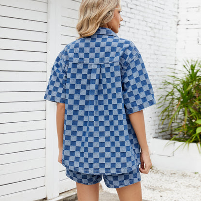Women Summer Thin Washed Casual Loose Denim Plaid Shirt Short Sleeve Sets