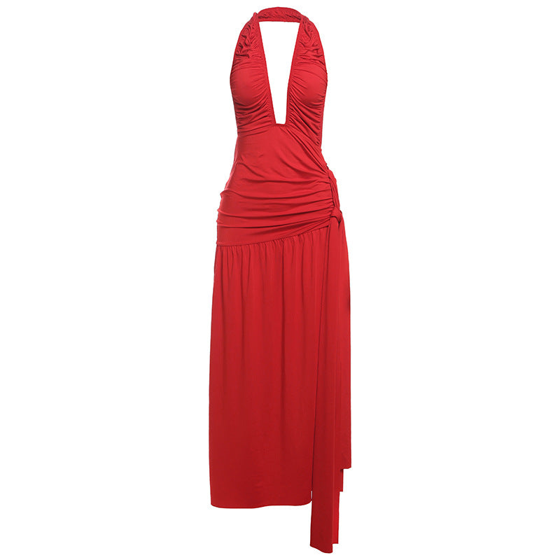 Autumn Winter Women Clothing Elegant Halter Sexy Backless Deep V Plunge neck Pleated High Slit Dress
