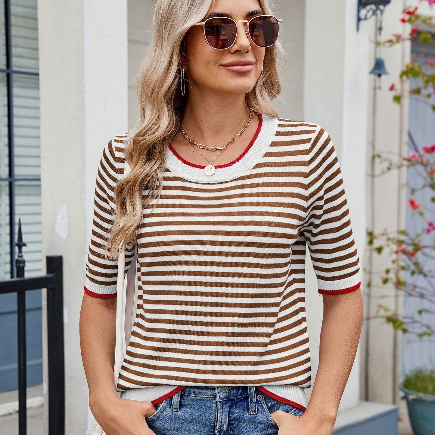 Women Clothing Summer Stripe Knitted T shirt Short Sleeve Ice Silk Contrast Color British College