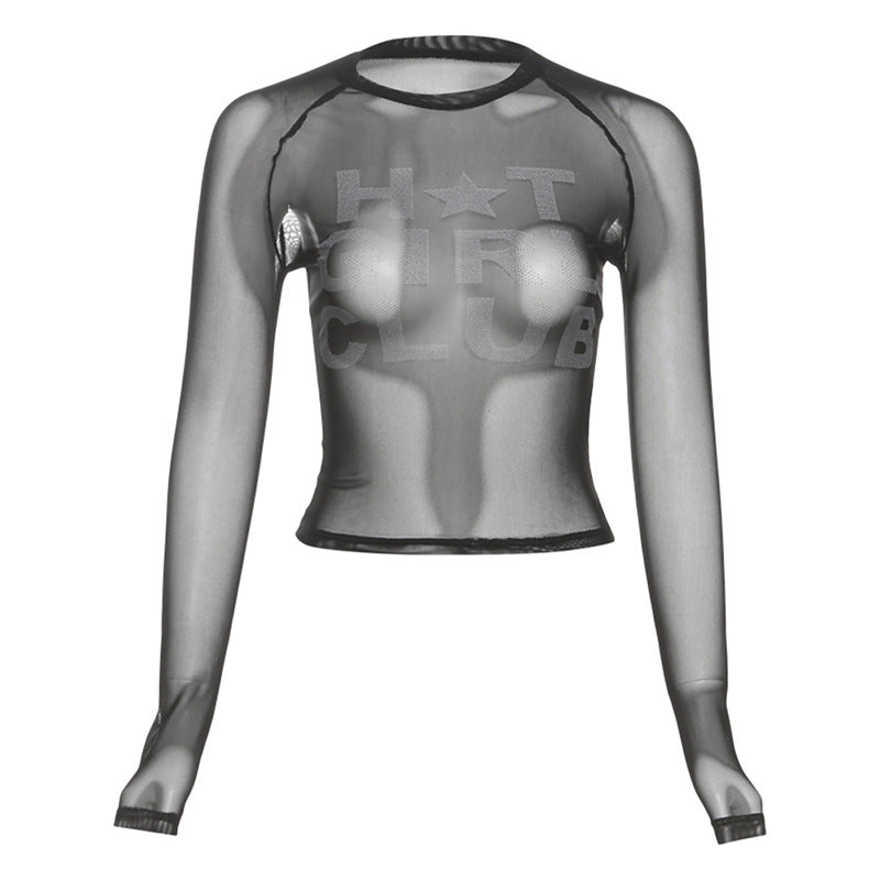 Spring Women Clothing Sexy Sexy round Neck Printed Mesh See through Slim Fit Cropped T shirt