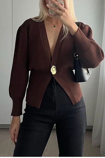 Only Yours Knit Metal Leaf Shape Button Lantern Sleeve Relaxed Cardigan