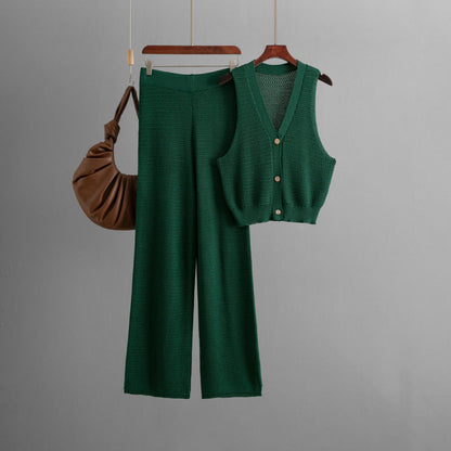 Fashionable Knitted Women Summer V neck Sleeveless Vest High Waist Straight Pants Two Piece Set