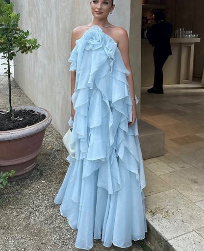 Free - Flowing Rose Detail Tiered Ruffles Halter A-line Maxi Dress