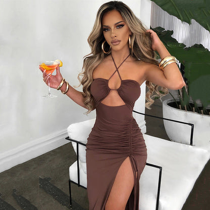 Spring Dress Sexy High Slit Halter Chest Flattering Dress