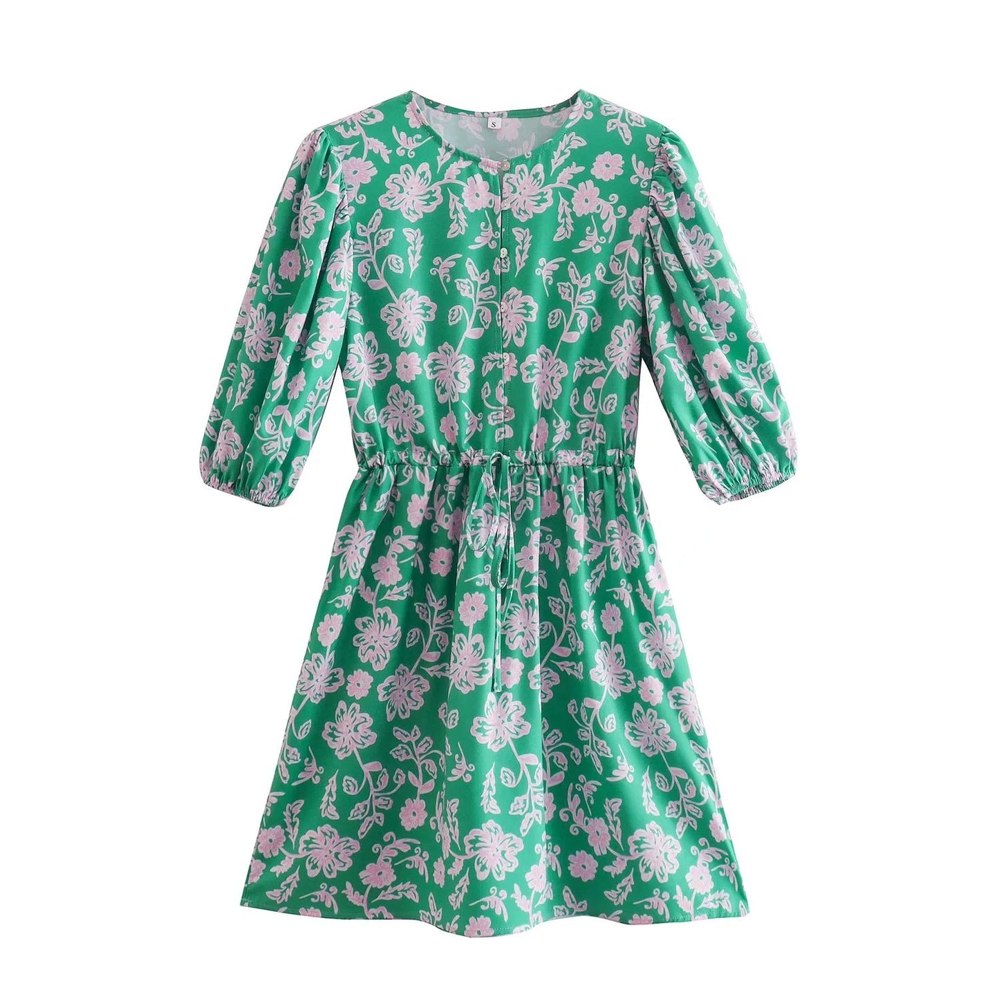 Spring Women Clothing Slimming Sleeves round Neck Printed A-line Dress