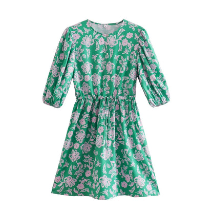 Spring Women Clothing Slimming Sleeves round Neck Printed A-line Dress