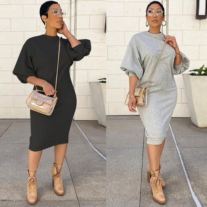 Spring Summer Five-Point Lantern Sleeve Loose Large Long Sweater Dress
