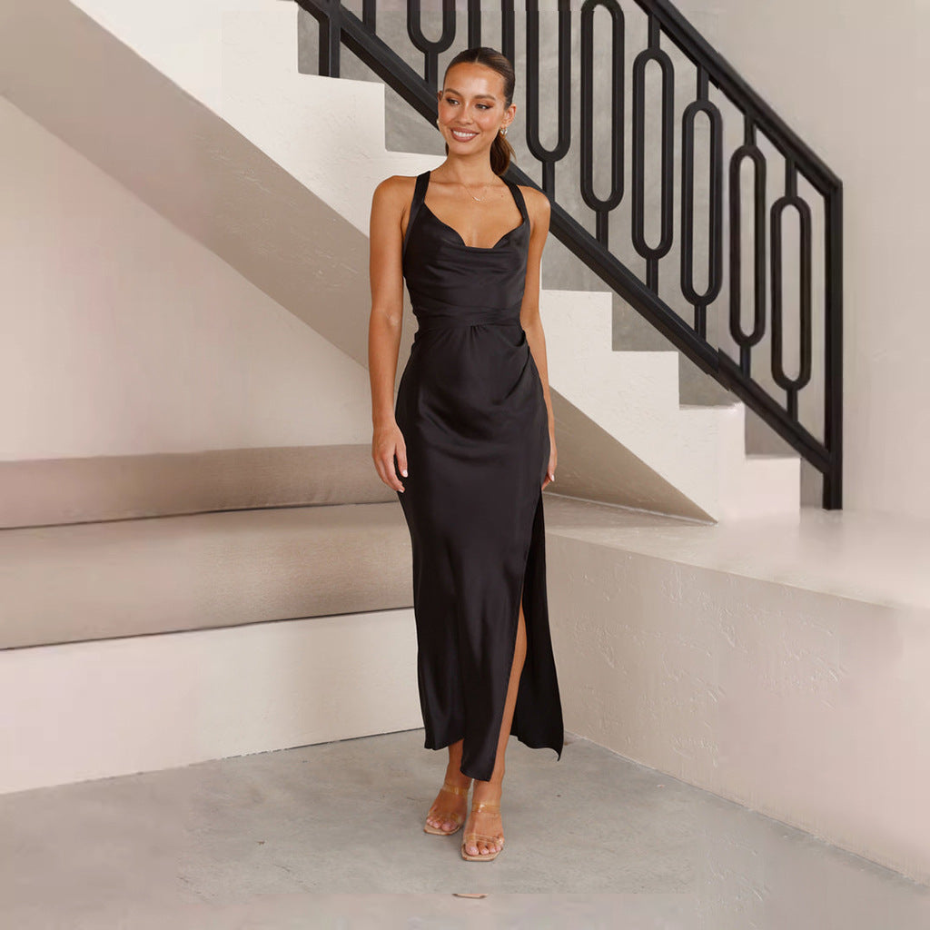 Women Clothing Spring Summer Sexy Backless Dress Solid Color Split Maxi Dress Women