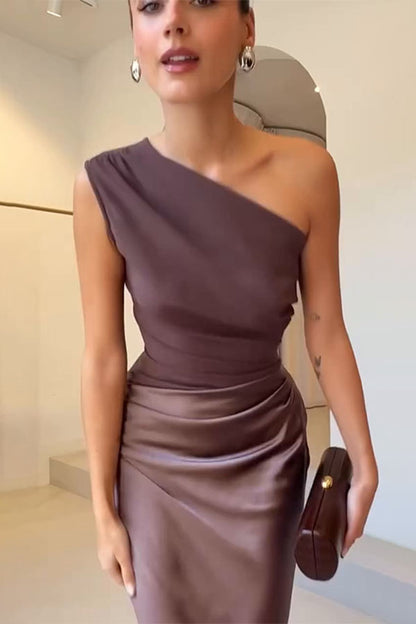 Kaia Satin Contrast Fabric Patchwork One Shoulder Ruched Maxi Dress