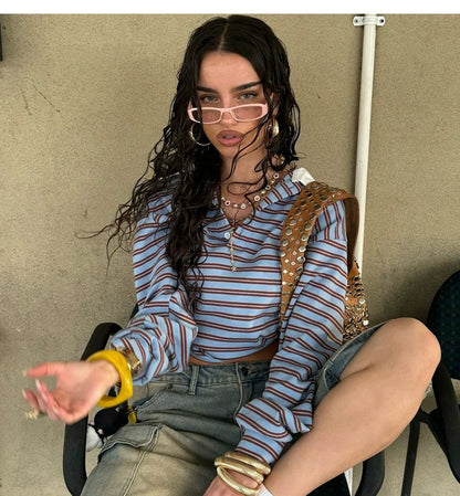 Jordana Striped V-Neck Polo Sweatshirt