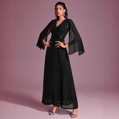 Women Prom Evening Dress Sequin Stitching V neck Split Long Sleeve Party Evening Dress