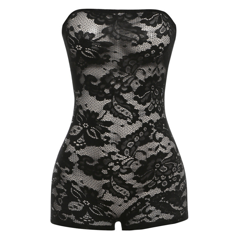 Women Spring Clothing Sexy See Through Lace Jacquard Tube Top Tight Jumpsuit