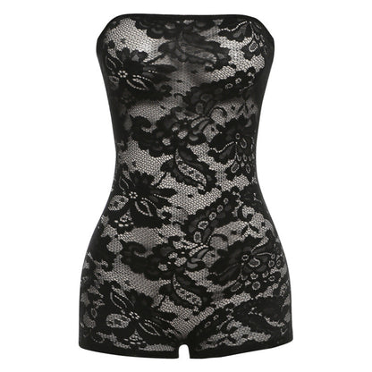 Women Spring Clothing Sexy See Through Lace Jacquard Tube Top Tight Jumpsuit