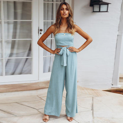 Casual Lace up Set Summer Tube Top Lace up Straight Jumpsuit