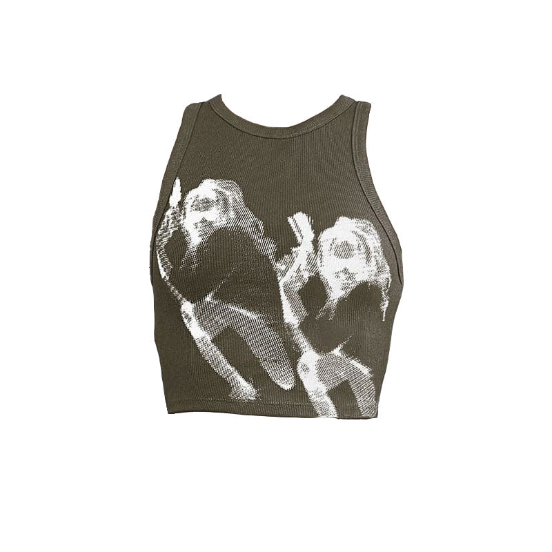 Sleeveless crewneck abstract contrast print crop top