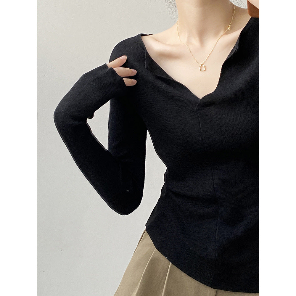 French V Neck Open Sweater Spring Inner Wear Elegant Slim Fit Long Sleeve Top