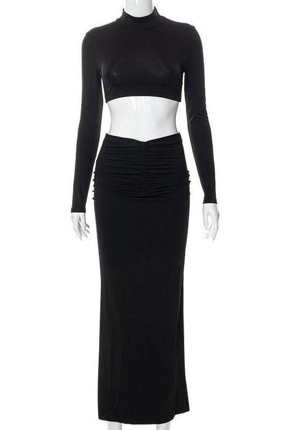 Casual Long Sleeve Stand Collar Long Skirt Suit